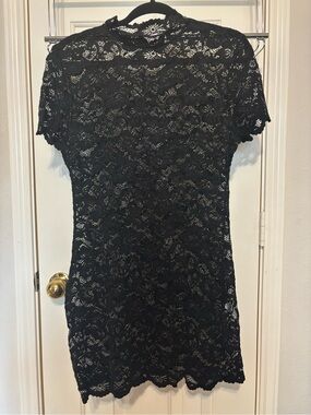 AvidLove Black Floral Lace Short Sleeve Mini Dress